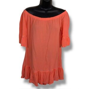 Medium Susan Betro Peach Orange Peasant Top Off Shoulder Boho Half Sleeve